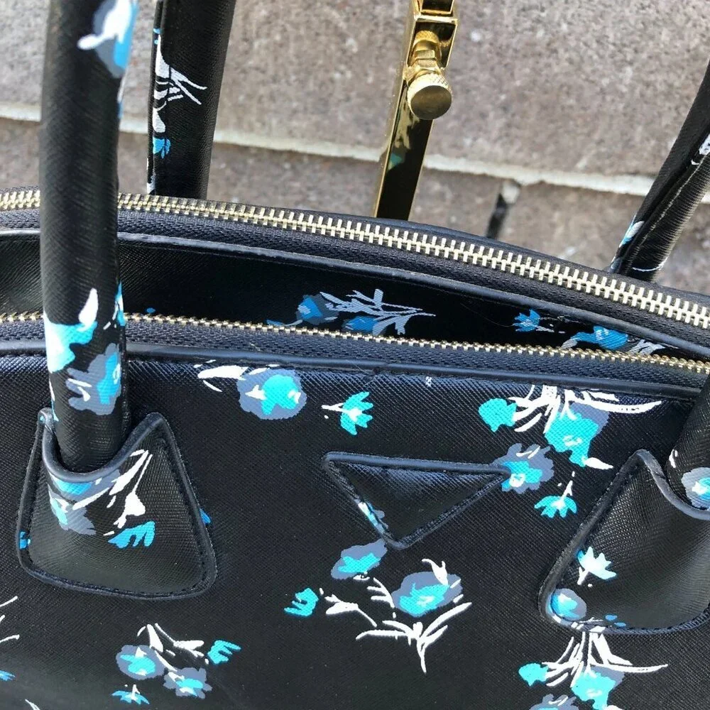 Faux Leather Purse Shoulder Top Handle Bowling Bag Black Floral 3 Compartment​​ - Picture 3 of 16